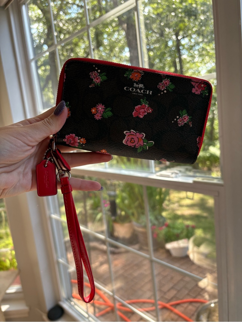 Coach Black Floral Zip Wristlet with Red Trim